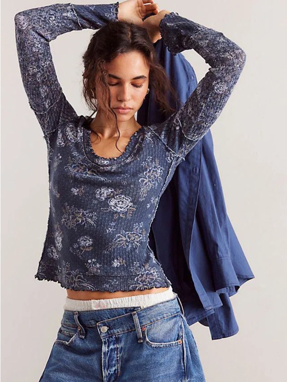 We The Free Navy Clover Printed Thermal Long Sleeve Top (Large)
